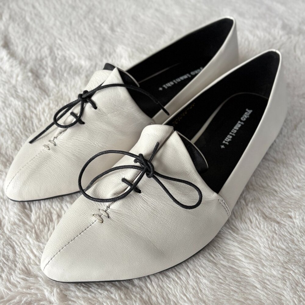 YUKO Imanishi White Leather Pointed Toe Flats with Lace Detail